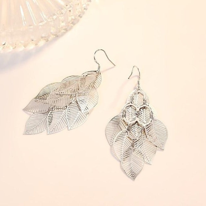 silver drop leaf earrings